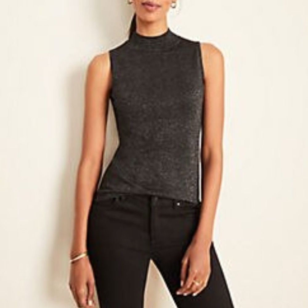 NWOT Ann Taylor Black Metallic Shimmer Mock Neck Shell Top XS